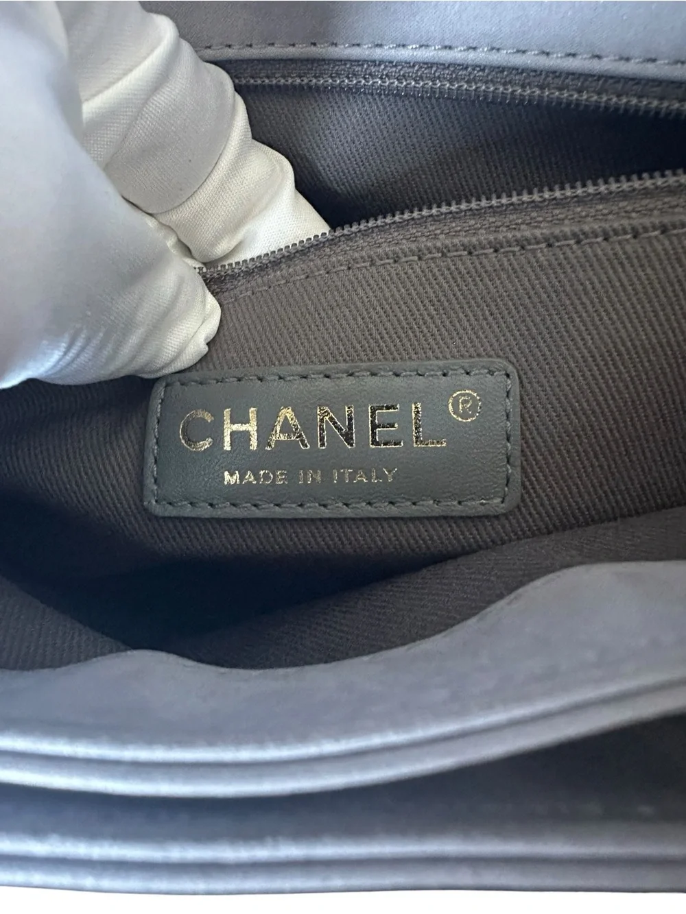 CHANEL Quilted Lambskin Shoulder Bag in Light Gray with Gold Hardware